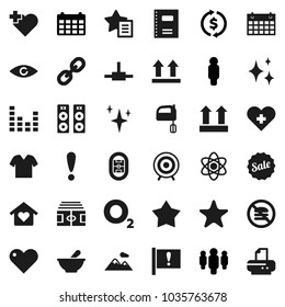 Flat vector icon set - shining vector, mixer, copybook, atom, exchange, man, calendar, stadium, target, no fastfood, heart cross, oxygen, attention, top sign, equalizer, link, favorites, eye, mortar