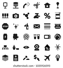 Flat vector icon set - shining vector, steaming, presentation, molecule, exam, percent growth, auction, hierarchy, dollar cursor, punching bag, target, sports nutrition, enegry drink, plane, port