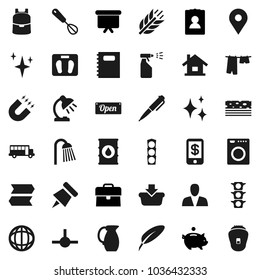 Flat vector icon set - shining vector, drying clothes, sprayer, shower, whisk, jug, copybook, pen, backpack, table lamp, paper pin, magnet, school bus, world, piggy bank, case, presentation board