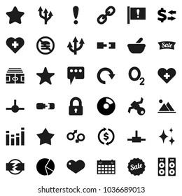 Flat vector icon set - shining vector, exchange, pie graph, stadium, calendar, no fastfood, heart cross, oxygen, attention, satellite, equalizer, link, favorites, gender sign, mortar, connect, redo