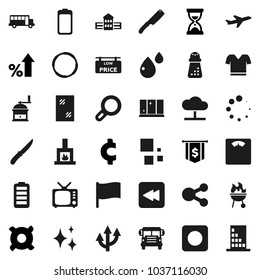 Flat vector icon set - shining vector, window cleaning, knife, hand mill, bbq, school building, bus, flag, percent growth, sand clock, dollar, any currency, cent sign, scales, t shirt, hoop, plane