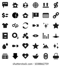 Flat vector icon set - shining vector, copybook, exchange, pie graph, arrow down, stadium, target, calendar, heart cross, oxygen, attention, satellite, top sign, equalizer, link, favorites, eye