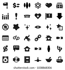 Flat vector icon set - shining vector, splotch, mixer, copybook, atom, exchange, man, arrow down, stadium, calendar, no fastfood, attention, satellite, equalizer, link, heart, cross, eye, mortar