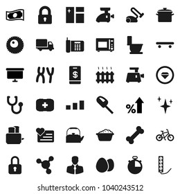 Flat vector icon set - shining vector, window cleaning, toilet, foam basin, pan, kettle, toaster, microwave oven, egg, molecule, cash, percent growth, presentation board, stopwatch, bike, skateboard