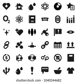 Flat vector icon set - shining vector, copybook, atom, exchange, pie graph, man, calendar, no fastfood, heart cross, oxygen, stadium, attention, satellite, top sign, equalizer, link, eye, gender