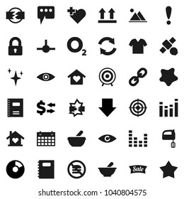 Flat vector icon set - shining vector, splotch, mixer, copybook, exchange, pie graph, arrow down, target, calendar, no fastfood, heart cross, oxygen, attention, satellite, top sign, equalizer, link