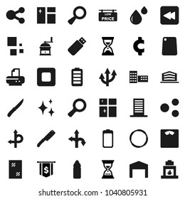 Flat vector icon set - shining vector, window cleaning, knife, cutting board, hand mill, school building, magnifier, sand clock, dollar flag, cent sign, scales, water bottle, hoop, route, battery
