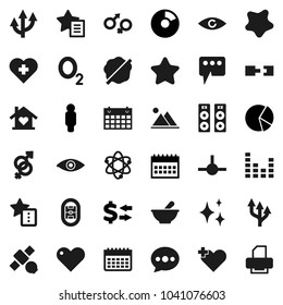 Flat vector icon set - shining vector, splotch, atom, exchange, pie graph, man, calendar, heart cross, oxygen, stadium, satellite, equalizer, eye, gender sign, mortar, connect, favorites, message