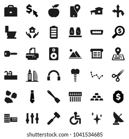 Flat vector icon set - shining vector, toilet, house hold, garbage pile, spatula, meat hammer, spices, school building, case, constellation, money search, tie, dollar shield, cursor, gold ingot, hub