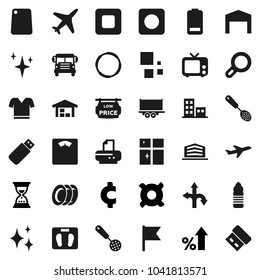 Flat vector icon set - shining vector, plates, window, skimmer, cutting board, school bus, flag, percent growth, sand clock, any currency, cent sign, scales, t shirt, water bottle, hoop, route, tv