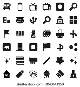 Flat vector icon set - shining vector, splotch, plates, window, towel, knife, hand mill, bbq, school bus, flag, magnifier, percent growth, hoop, route, truck trailer, tv, battery, stop button, rec