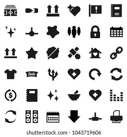 Flat vector icon set - shining vector, splotch, copybook, exchange, man, arrow down, calendar, stadium, heart cross, attention, satellite, top sign, equalizer, link, mortar, connect, refresh, redo