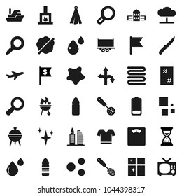 Flat vector icon set - shining vector, window cleaning, splotch, towel, skimmer, knife, bbq, school building, flag, magnifier, sand clock, dollar, scales, t shirt, water bottle, route, plane, ship