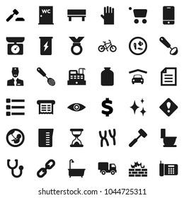 Flat vector icon set - shining vector, bath, toilet, rubber glove, water closet, measuring cup, skimmer, ladle, meat hammer, jar, document, auction, dollar sign, bike, medal, enegry drink, eye, menu