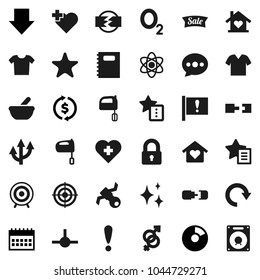 Flat vector icon set - shining vector, mixer, copybook, atom, exchange, pie graph, arrow down, calendar, target, heart cross, oxygen, attention, satellite, favorites, gender sign, mortar, connect
