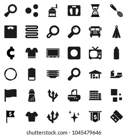 Flat vector icon set - shining vector, plates, towel, skimmer, hand mill, school bus, flag, sand clock, dollar, cent sign, scales, t shirt, water bottle, hoop, ship, battery, rec button, magnifier