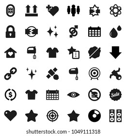Flat vector icon set - shining vector, splotch, mixer, atom, exchange, pie graph, man, arrow down, calendar, target, no fastfood, heart cross, stadium, satellite, top sign, link, eye, gender, lock