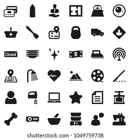 Flat vector icon set - shining vector, plates, shower, kettle, cook press, spatula, mixer, double boiler, notebook pc, document, heart pulse, weight, water bottle, bone, navigator, client, car, user
