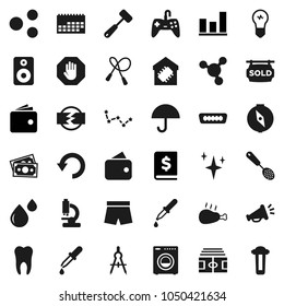 Flat vector icon set - shining vector, skimmer, meat hammer, chicken leg, drawing compass, molecule, constellation, graph, wallet, annual report, stadium, jump rope, shorts, money, calendar, speaker