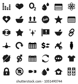 Flat vector icon set - shining vector, splotch, atom, exchange, man, calendar, no fastfood, heart cross, oxygen, attention, satellite, top sign, equalizer, link, favorites, gender, mortar, connect