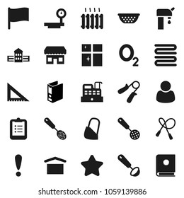 Flat vector icon set - shining window vector, colander, towel, skimmer, ladle, school building, corner ruler, clipboard, flag, binder, jump rope, hand trainer, oxygen, attention, dry cargo, bandage