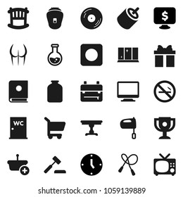 Flat vector icon set - shining window vector, water closet, mixer, jar, backpack, award cup, flask, clock, monitor dollar, jump rope, buttocks, no smoking, disk, rec button, rca, crib, table, gift