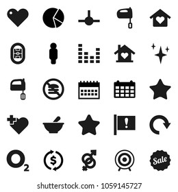 Flat vector icon set - shining vector, mixer, exchange, pie graph, man, calendar, target, no fastfood, heart cross, oxygen, stadium, attention, equalizer, favorites, gender sign, mortar, connect