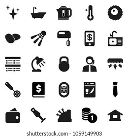 Flat vector icon set - shining vector, bath, sink, skimmer, blender, thermometer, potato, table lamp, exam, coin stack, annual report, tie, shuttlecock, stadium, support, weight, ovule, wallet, home