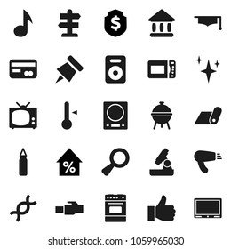 Flat vector icon set - shining vector, oven, thermometer, bbq, graduate hat, microscope, paper pin, music, university, percent growth, dollar shield, punching bag, fitness mat, signpost, speaker, tv