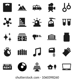 Flat vector icon set - shining vector, liquid soap, rubber glove, cook timer, mixer, jar, music, pie graph, scales, stadium, gymnast rings, video camera, social media, vial, amkbulance car, chalet