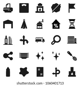 Flat vector icon set - shining vector, window cleaning, splotch, plates, towel, skimmer, hand mill, school bus, flag, percent growth, sand clock, scales, water bottle, route, share, magnifier, barn