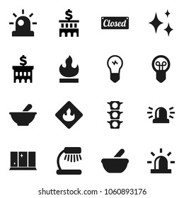 Flat vector icon set - shining vector, window, table lamp, bank building, traffic light, flammable, mortar, siren, closed, bulb