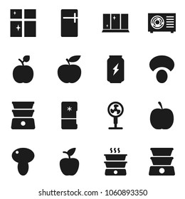 Flat vector icon set - shining window vector, double boiler, mushroom, apple fruit, diet, enegry drink, ari condition, fridge, fan