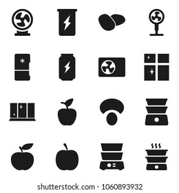 Flat vector icon set - shining window vector, double boiler, mushroom, potato, apple fruit, diet, enegry drink, ari condition, fridge, fan