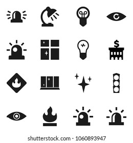 Flat vector icon set - shining vector, window, table lamp, bank building, traffic light, flammable, eye, siren, bulb