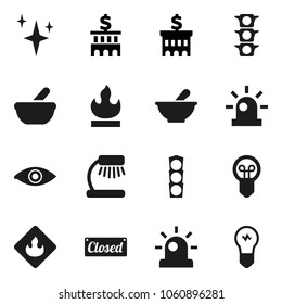 Flat vector icon set - shining vector, table lamp, bank building, traffic light, flammable, eye, mortar, siren, closed, bulb