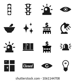 Flat vector icon set - shining vector, window, table lamp, bank building, traffic light, eye, mortar, siren, closed, bulb