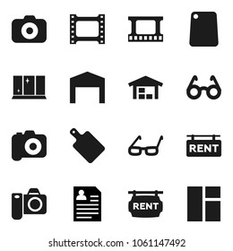 Flat vector icon set - shining window vector, cutting board, glasses, personal information, film frame, camera, barn, rent signboard
