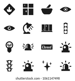 Flat vector icon set - shining vector, window, table lamp, traffic light, flammable, eye, mortar, siren, closed, bulb