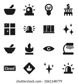 Flat vector icon set - shining vector, window, table lamp, bank building, flammable, eye, mortar, siren, closed, bulb