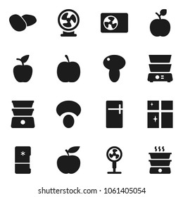Flat vector icon set - shining window vector, double boiler, mushroom, potato, apple fruit, diet, ari condition, fridge, fan