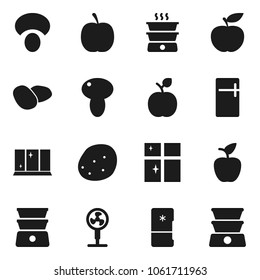 Flat vector icon set - shining window vector, double boiler, mushroom, potato, apple fruit, diet, fridge, fan