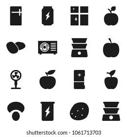 Flat vector icon set - shining window vector, double boiler, mushroom, potato, apple fruit, diet, enegry drink, ari condition, fridge, fan