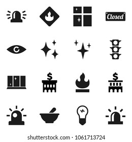 Flat vector icon set - shining vector, window, bank building, traffic light, flammable, eye, mortar, siren, closed, bulb