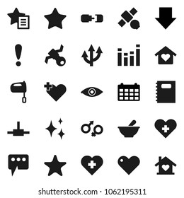 Flat vector icon set - shining vector, mixer, copybook, arrow down, calendar, heart cross, attention, satellite, equalizer, favorites, eye, gender sign, mortar, connect, message, route, connection