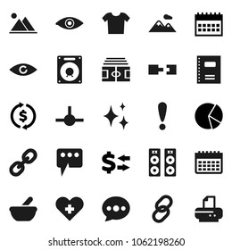 Flat vector icon set - shining vector, copybook, exchange, pie graph, calendar, stadium, attention, link, heart cross, eye, mortar, connect, message, connection, mountain, clothes, speaker, printer