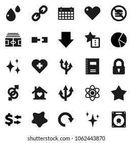 Flat vector icon set - shining vector, splotch, copybook, atom, exchange, pie graph, arrow down, stadium, calendar, no fastfood, heart cross, link, gender sign, blood drop, favorites, redo, route
