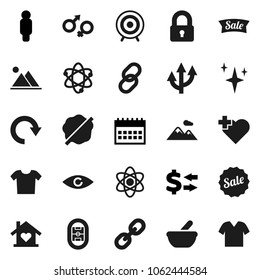 Flat vector icon set - shining vector, splotch, atom, exchange, man, calendar, target, heart cross, stadium, link, eye, gender sign, mortar, redo, route arrow, mountain, lock, love home, sale