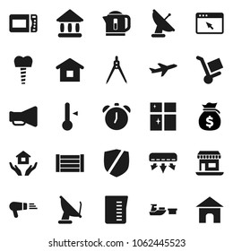 Flat vector icon set - shining window vector, house hold, measuring cup, thermometer, drawing compass, alarm clock, university, money bag, office, plane, port, wood box, protected, loudspeaker, home