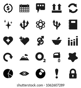 Flat vector icon set - shining vector, splotch, mixer, copybook, atom, exchange, pie graph, calendar, heart cross, oxygen, attention, top sign, equalizer, eye, gender, mortar, message, refresh, redo